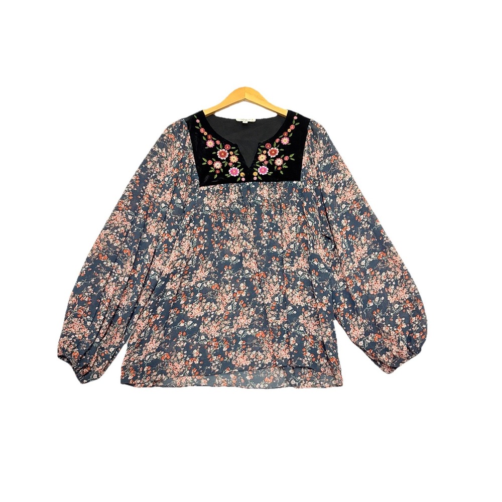 Umgee USA Women Sheer Velvet Sleeve Embroidered‎ Tunic Top XL Balloon Slv Floral